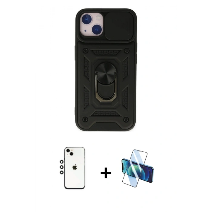 MARSİLYAN™- iPhone 14 Kılıf Ahenk Klasik - Siyah 3D Antistatik Cam Ekran Koruyucu + Shine Kamera Lens - GS