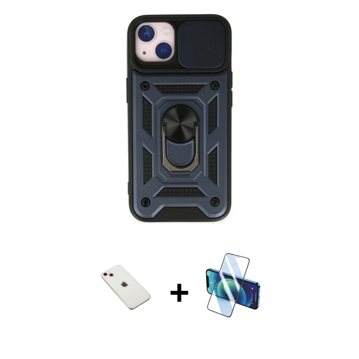 MARSİLYAN™- iPhone 14 Kılıf Ahenk Klasik - Siyah 3D Antistatik Cam Ekran Koruyucu + Diamond Kamera Lens - PE