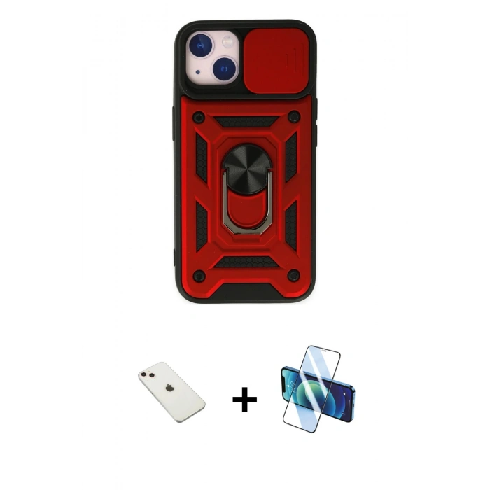 MARSİLYAN™- iPhone 14 Kılıf Ahenk Klasik - Siyah 3D Antistatik Cam Ekran Koruyucu + Diamond Kamera Lens - PE