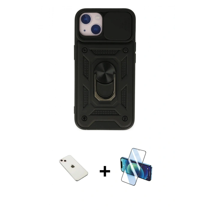 MARSİLYAN™- iPhone 14 Kılıf Ahenk Klasik - Siyah 3D Antistatik Cam Ekran Koruyucu + Diamond Kamera Lens - PE