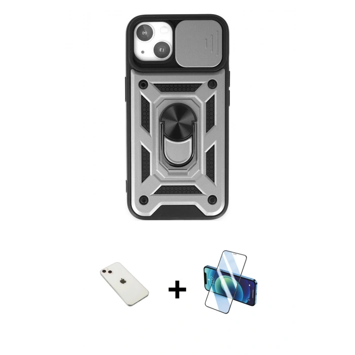 MARSİLYAN™- iPhone 14 Kılıf Ahenk Klasik - Siyah 3D Antistatik Cam Ekran Koruyucu + Diamond Kamera Lens - PE