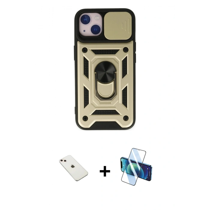 MARSİLYAN™- iPhone 14 Kılıf Ahenk Klasik - Siyah 3D Antistatik Cam Ekran Koruyucu + Diamond Kamera Lens - PE
