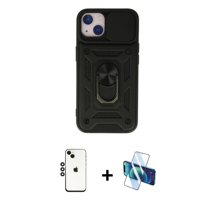 MARSİLYAN™- iPhone 14 Kılıf Ahenk Klasik - Siyah 3D Antistatik Cam Ekran Koruyucu + Shine Kamera Lens - SH