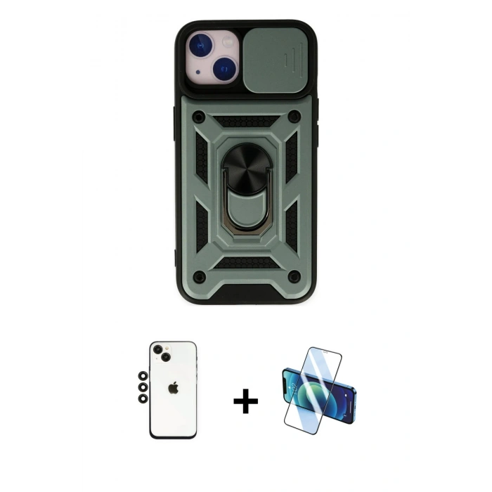MARSİLYAN™- iPhone 14 Kılıf Ahenk Klasik - Siyah 3D Antistatik Cam Ekran Koruyucu + Shine Kamera Lens - SH