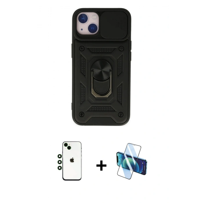 MARSİLYAN™- iPhone 14 Kılıf Ahenk Klasik - Siyah 3D Antistatik Cam Ekran Koruyucu + Shine Kamera Lens - YL