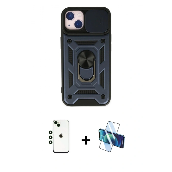 MARSİLYAN™- iPhone 14 Kılıf Ahenk Klasik - Siyah 3D Antistatik Cam Ekran Koruyucu + Shine Kamera Lens - YL