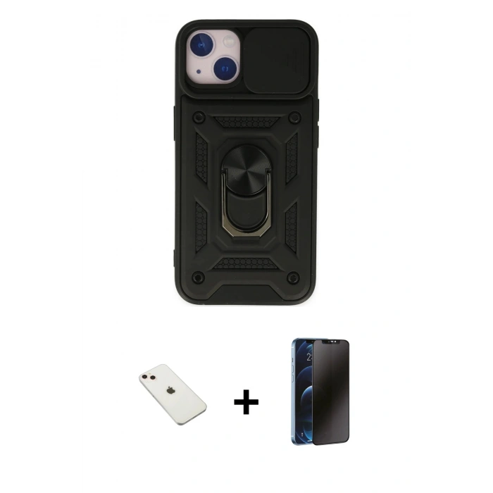 MARSİLYAN™- iPhone 14 Kılıf Ahenk Klasik - Siyah 3D Antistatik Hayalet Cam Ekran Koruyucu + Diamond Kamera Lens - PE