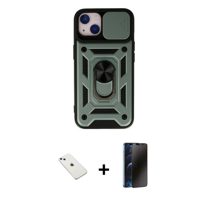 MARSİLYAN™- iPhone 14 Kılıf Ahenk Klasik - Siyah 3D Antistatik Hayalet Cam Ekran Koruyucu + Diamond Kamera Lens - SABE
