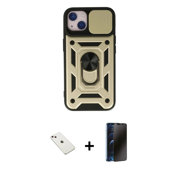 MARSİLYAN™- iPhone 14 Kılıf Ahenk Klasik - Siyah 3D Antistatik Hayalet Cam Ekran Koruyucu + Diamond Kamera Lens - PE