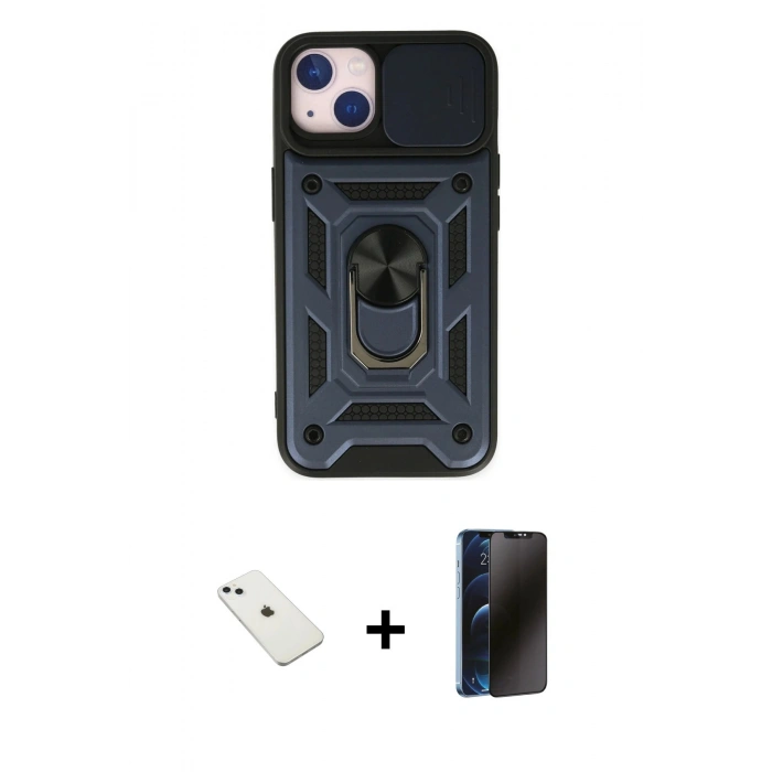 MARSİLYAN™- iPhone 14 Kılıf Ahenk Klasik - Siyah 3D Antistatik Hayalet Cam Ekran Koruyucu + Diamond Kamera Lens - SABE