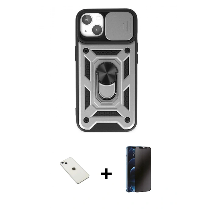 MARSİLYAN™- iPhone 14 Kılıf Ahenk Klasik - Siyah 3D Antistatik Hayalet Cam Ekran Koruyucu + Diamond Kamera Lens - SABE