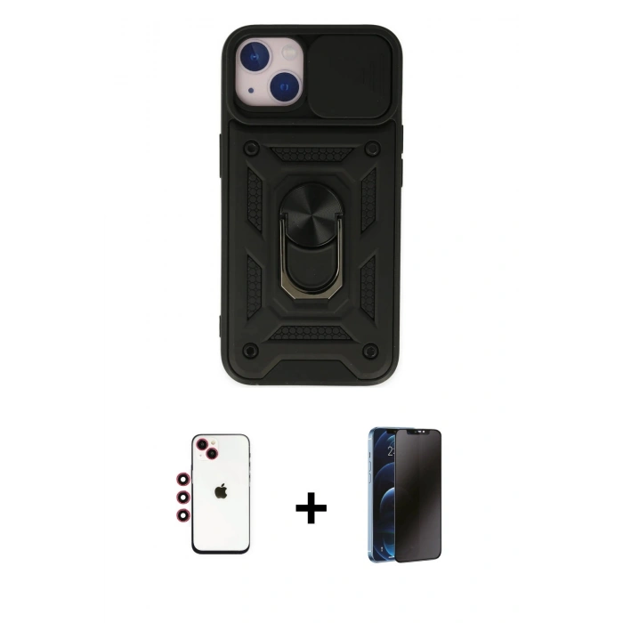 MARSİLYAN™- iPhone 14 Kılıf Ahenk Klasik - Siyah 3D Antistatik Hayalet Cam Ekran Koruyucu + Shine Kamera Lens - KI