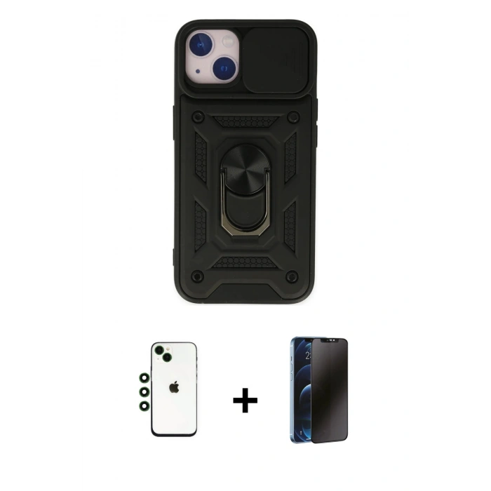 MARSİLYAN™- iPhone 14 Kılıf Ahenk Klasik - Siyah 3D Antistatik Hayalet Cam Ekran Koruyucu + Shine Kamera Lens - YL