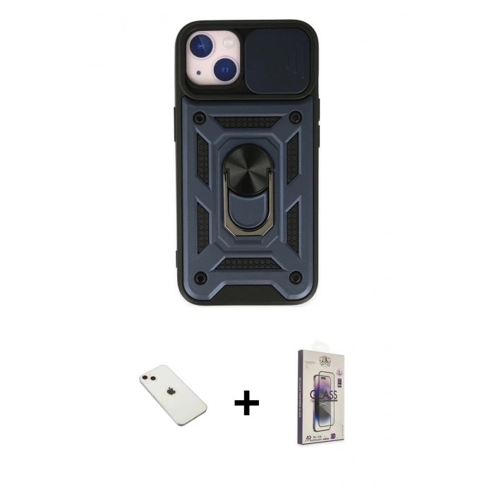 MARSİLYAN™- iPhone 14 Kılıf Ahenk Klasik - Siyah Bilvis 3D Cam Ekran Koruyucu + Diamond Kamera Lens - PE