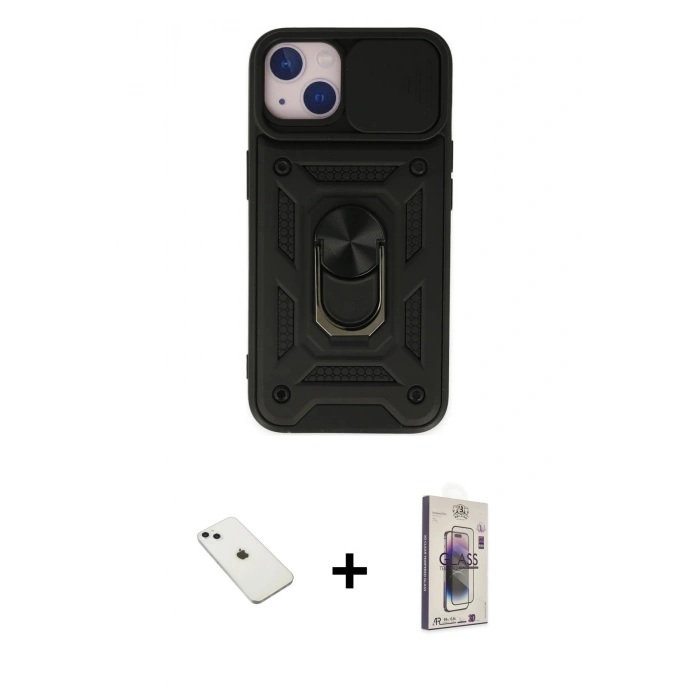 MARSİLYAN™- iPhone 14 Kılıf Ahenk Klasik - Siyah Bilvis 3D Cam Ekran Koruyucu + Diamond Kamera Lens - SABE