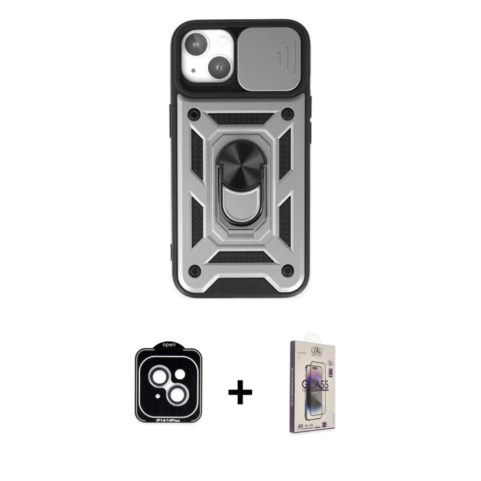 MARSİLYAN™- iPhone 14 Kılıf Ahenk Klasik - Siyah Bilvis 3D Cam Ekran Koruyucu + PVD Metal Kamera Lens - GS