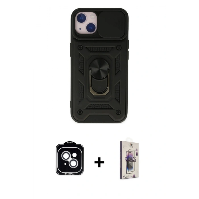 MARSİLYAN™- iPhone 14 Kılıf Ahenk Klasik - Siyah Bilvis 3D Cam Ekran Koruyucu + PVD Metal Kamera Lens - GS