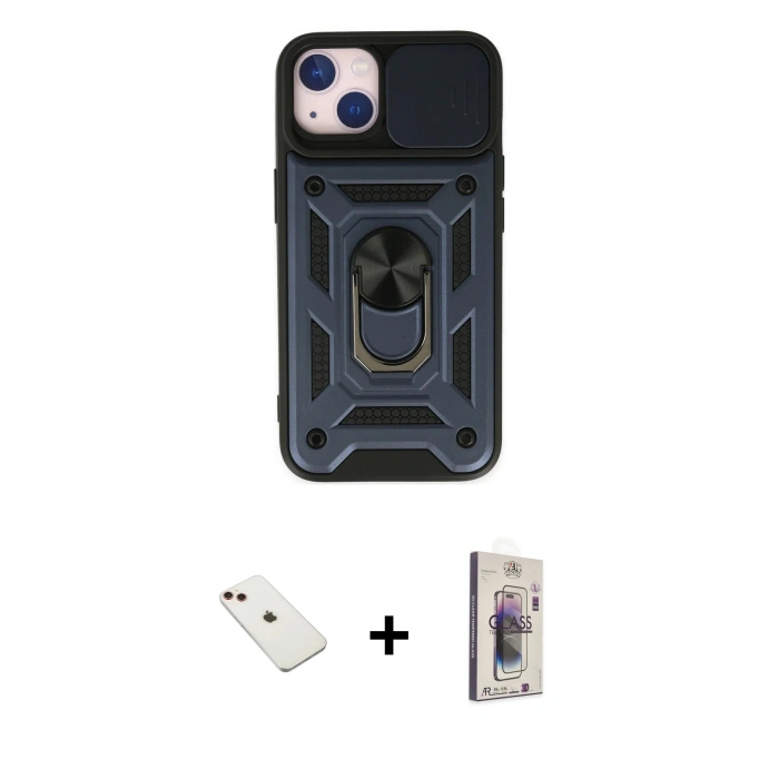 MARSİLYAN™- iPhone 14 Kılıf Ahenk Klasik - Siyah Bilvis 3D Cam Ekran Koruyucu + Kırmızı Diamond Kamera Lens