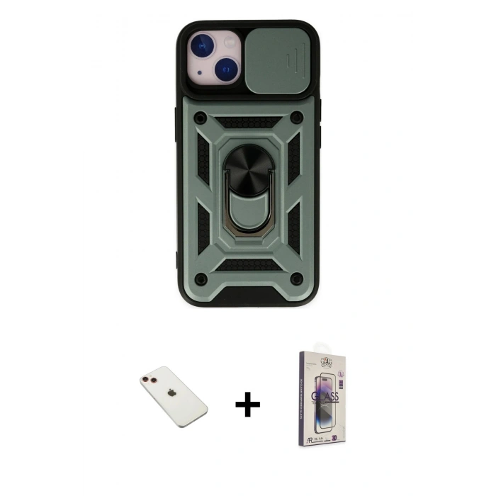 MARSİLYAN™- iPhone 14 Kılıf Ahenk Klasik - Siyah Bilvis 3D Cam Ekran Koruyucu + Kırmızı Diamond Kamera Lens