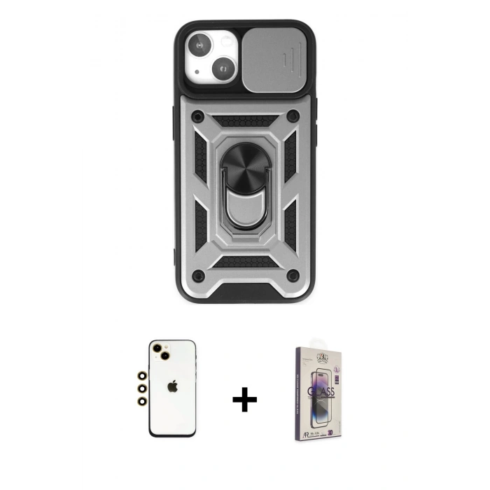 MARSİLYAN™- iPhone 14 Kılıf Ahenk Klasik - Siyah Bilvis 3D Cam Ekran Koruyucu + Shine Kamera Lens - GD