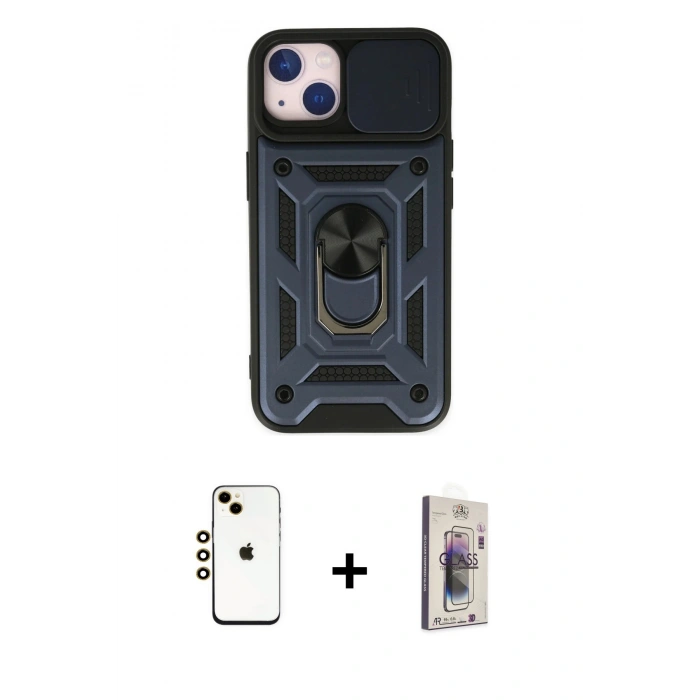 MARSİLYAN™- iPhone 14 Kılıf Ahenk Klasik - Siyah Bilvis 3D Cam Ekran Koruyucu + Shine Kamera Lens - GD