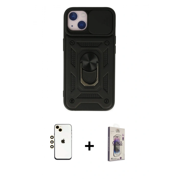 MARSİLYAN™- iPhone 14 Kılıf Ahenk Klasik - Siyah Bilvis 3D Cam Ekran Koruyucu + Shine Kamera Lens - GD