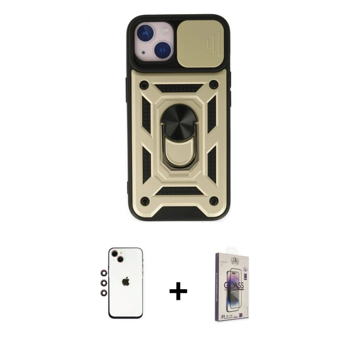 MARSİLYAN™- iPhone 14 Kılıf Ahenk Klasik - Siyah Bilvis 3D Cam Ekran Koruyucu + Shine Kamera Lens - GI