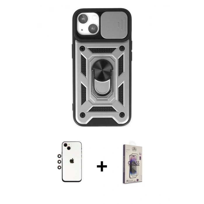 MARSİLYAN™- iPhone 14 Kılıf Ahenk Klasik - Siyah Bilvis 3D Cam Ekran Koruyucu + Shine Kamera Lens - GI