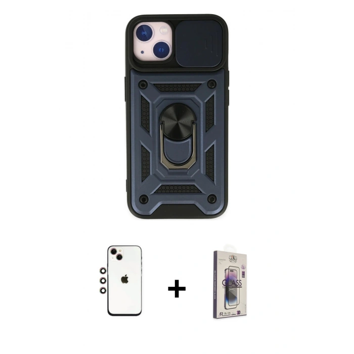 MARSİLYAN™- iPhone 14 Kılıf Ahenk Klasik - Siyah Bilvis 3D Cam Ekran Koruyucu + Shine Kamera Lens - GI