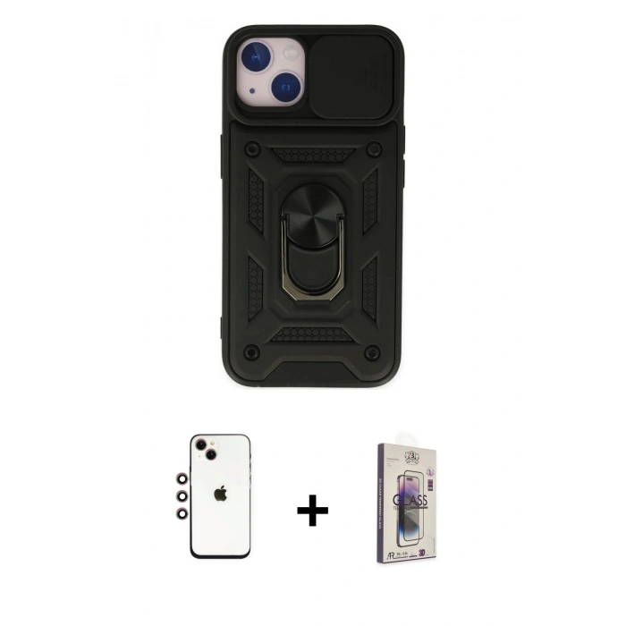 MARSİLYAN™- iPhone 14 Kılıf Ahenk Klasik - Siyah Bilvis 3D Cam Ekran Koruyucu + Shine Kamera Lens - GI