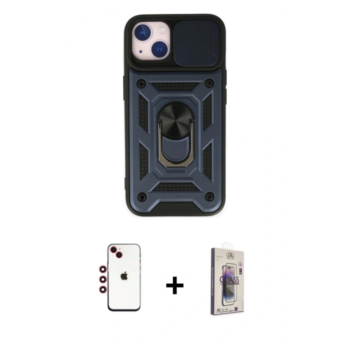 MARSİLYAN™- iPhone 14 Kılıf Ahenk Klasik - Siyah Bilvis 3D Cam Ekran Koruyucu + Shine Kamera Lens - KI