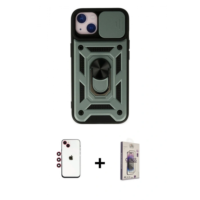 MARSİLYAN™- iPhone 14 Kılıf Ahenk Klasik - Siyah Bilvis 3D Cam Ekran Koruyucu + Shine Kamera Lens - KI