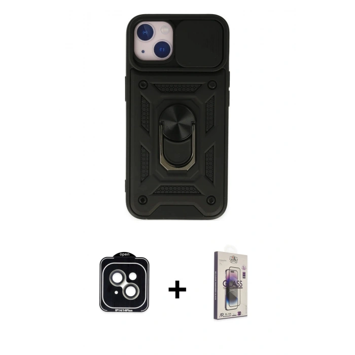 MARSİLYAN™- iPhone 14 Kılıf Ahenk Klasik - Siyah Bilvis 3D Cam Ekran Koruyucu + PVD Metal Kamera Lens - YL