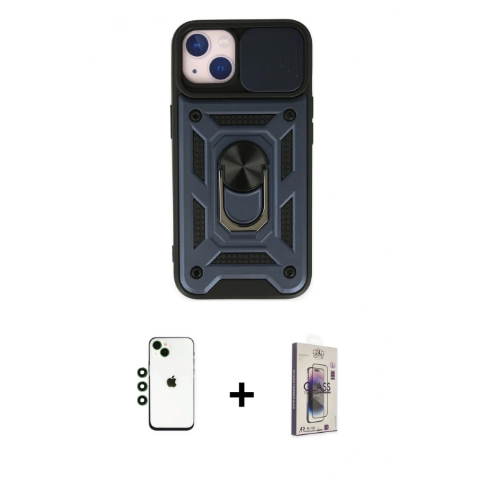 MARSİLYAN™- iPhone 14 Kılıf Ahenk Klasik - Siyah Bilvis 3D Cam Ekran Koruyucu + Shine Kamera Lens - YL
