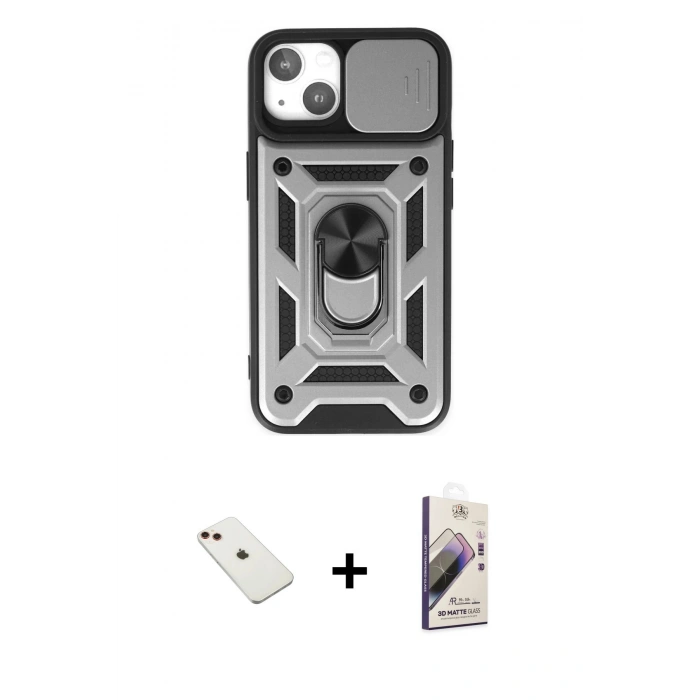 MARSİLYAN™- iPhone 14 Kılıf Ahenk Klasik - Siyah Bilvis 3D Mat Cam Ekran Koruyucu + Diamond Kamera Lens - KI