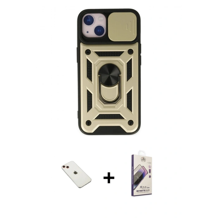 MARSİLYAN™- iPhone 14 Kılıf Ahenk Klasik - Siyah Bilvis 3D Mat Cam Ekran Koruyucu + Diamond Kamera Lens - KI