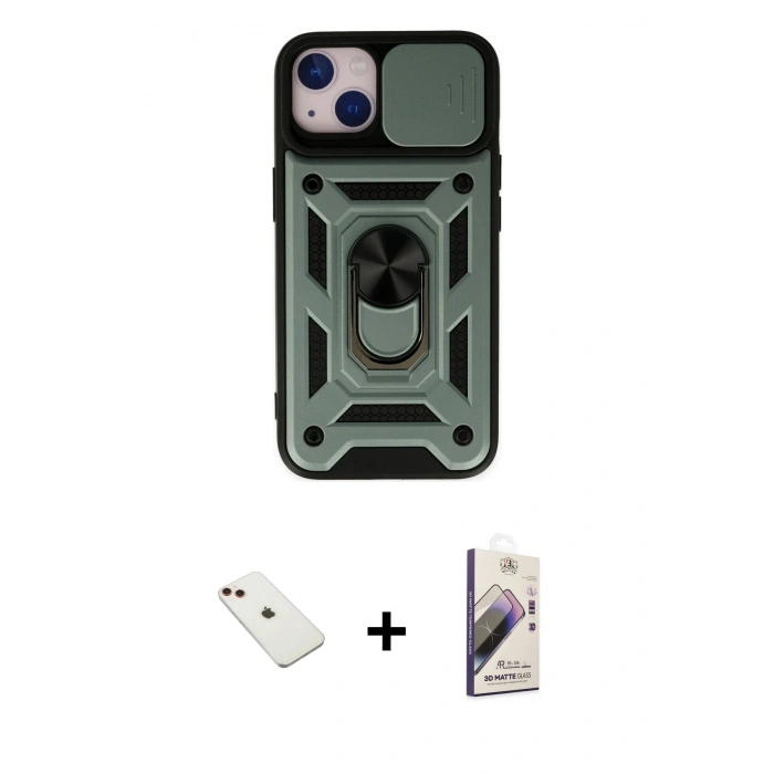 MARSİLYAN™- iPhone 14 Kılıf Ahenk Klasik - Siyah Bilvis 3D Mat Cam Ekran Koruyucu + Diamond Kamera Lens - KI