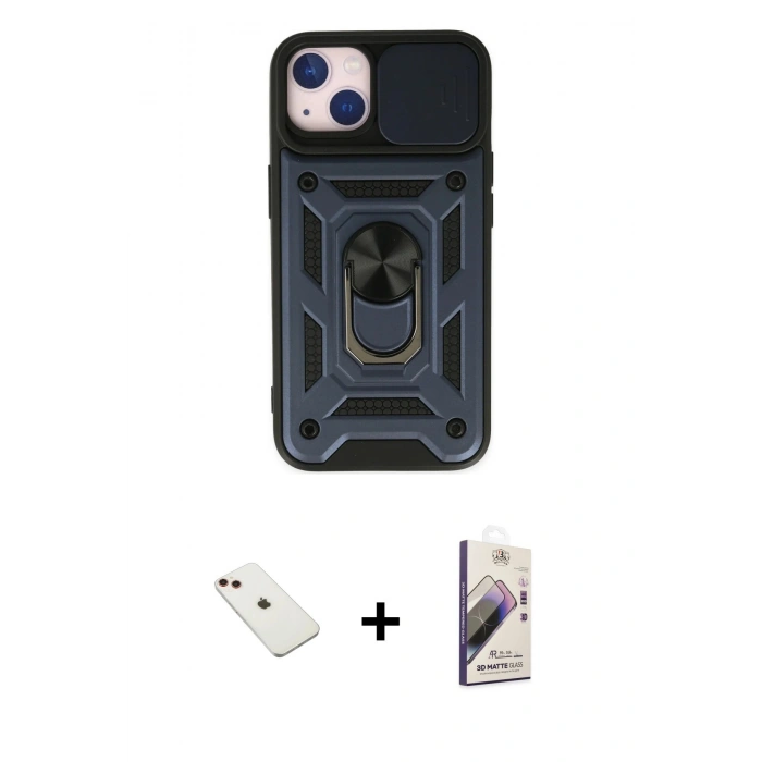 MARSİLYAN™- iPhone 14 Kılıf Ahenk Klasik - Siyah Bilvis 3D Mat Cam Ekran Koruyucu + Diamond Kamera Lens - KI