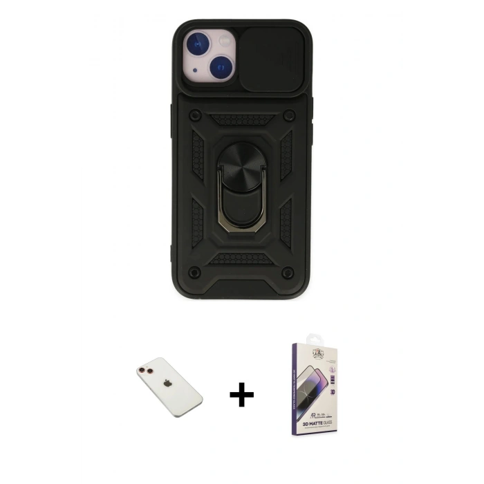MARSİLYAN™- iPhone 14 Kılıf Ahenk Klasik - Siyah Bilvis 3D Mat Cam Ekran Koruyucu + Diamond Kamera Lens - KI