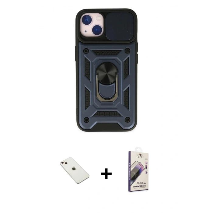MARSİLYAN™- iPhone 14 Kılıf Ahenk Klasik - Siyah Bilvis 3D Mat Cam Ekran Koruyucu + Pembe Diamond Kamera Lens