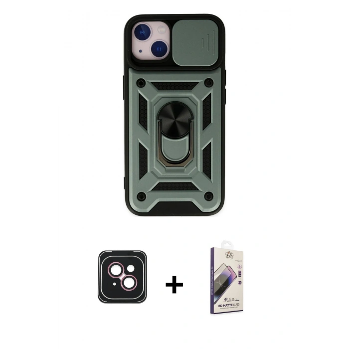 MARSİLYAN™- iPhone 14 Kılıf Ahenk Klasik - Siyah Bilvis 3D Mat Cam Ekran Koruyucu + PVD Metal Kamera Lens - PE