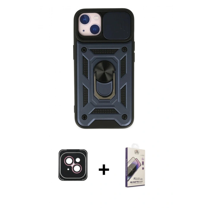 MARSİLYAN™- iPhone 14 Kılıf Ahenk Klasik - Siyah Bilvis 3D Mat Cam Ekran Koruyucu + PVD Metal Kamera Lens - PE