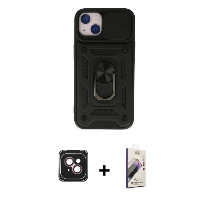 MARSİLYAN™- iPhone 14 Kılıf Ahenk Klasik - Siyah Bilvis 3D Mat Cam Ekran Koruyucu + PVD Metal Kamera Lens - PE