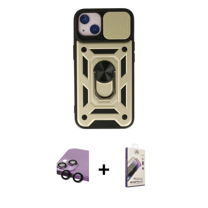 MARSİLYAN™- iPhone 14 Kılıf Ahenk Klasik - Siyah Bilvis 3D Mat Cam Ekran Koruyucu + Raze Metal Kamera Lens - SH