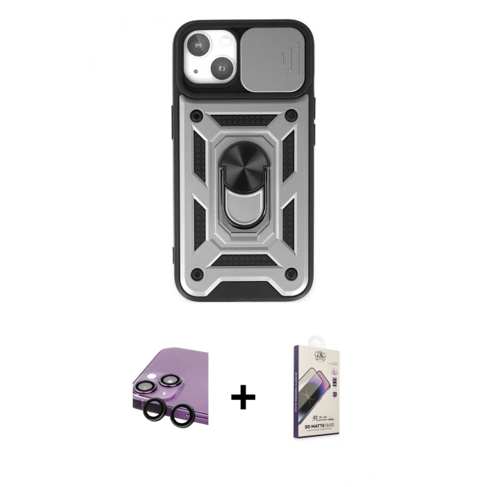 MARSİLYAN™- iPhone 14 Kılıf Ahenk Klasik - Siyah Bilvis 3D Mat Cam Ekran Koruyucu + Raze Metal Kamera Lens - SH