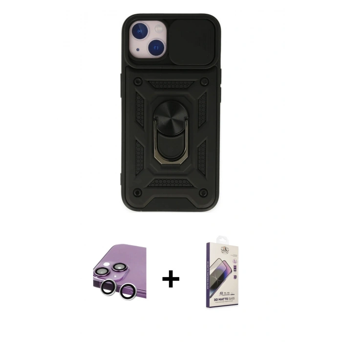 MARSİLYAN™- iPhone 14 Kılıf Ahenk Klasik - Siyah Bilvis 3D Mat Cam Ekran Koruyucu + Raze Metal Kamera Lens - GS