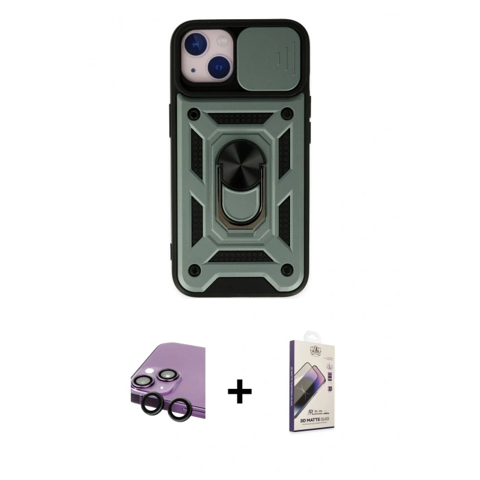 MARSİLYAN™- iPhone 14 Kılıf Ahenk Klasik - Siyah Bilvis 3D Mat Cam Ekran Koruyucu + Raze Metal Kamera Lens - SH