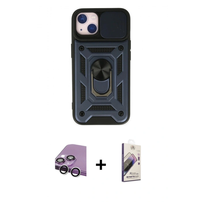 MARSİLYAN™- iPhone 14 Kılıf Ahenk Klasik - Siyah Bilvis 3D Mat Cam Ekran Koruyucu + Raze Metal Kamera Lens - GS