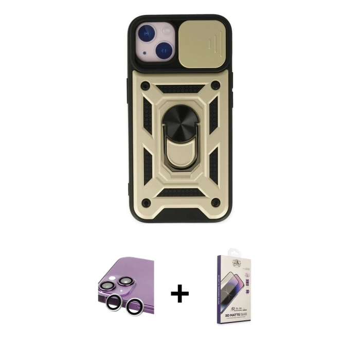 MARSİLYAN™- iPhone 14 Kılıf Ahenk Klasik - Siyah Bilvis 3D Mat Cam Ekran Koruyucu + Raze Metal Kamera Lens - GS