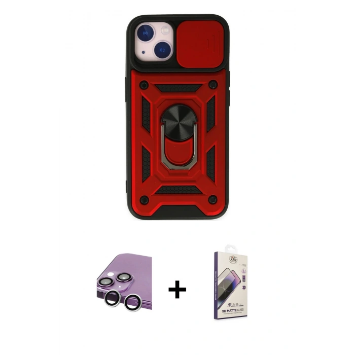 MARSİLYAN™- iPhone 14 Kılıf Ahenk Klasik - Siyah Bilvis 3D Mat Cam Ekran Koruyucu + Raze Metal Kamera Lens - GS